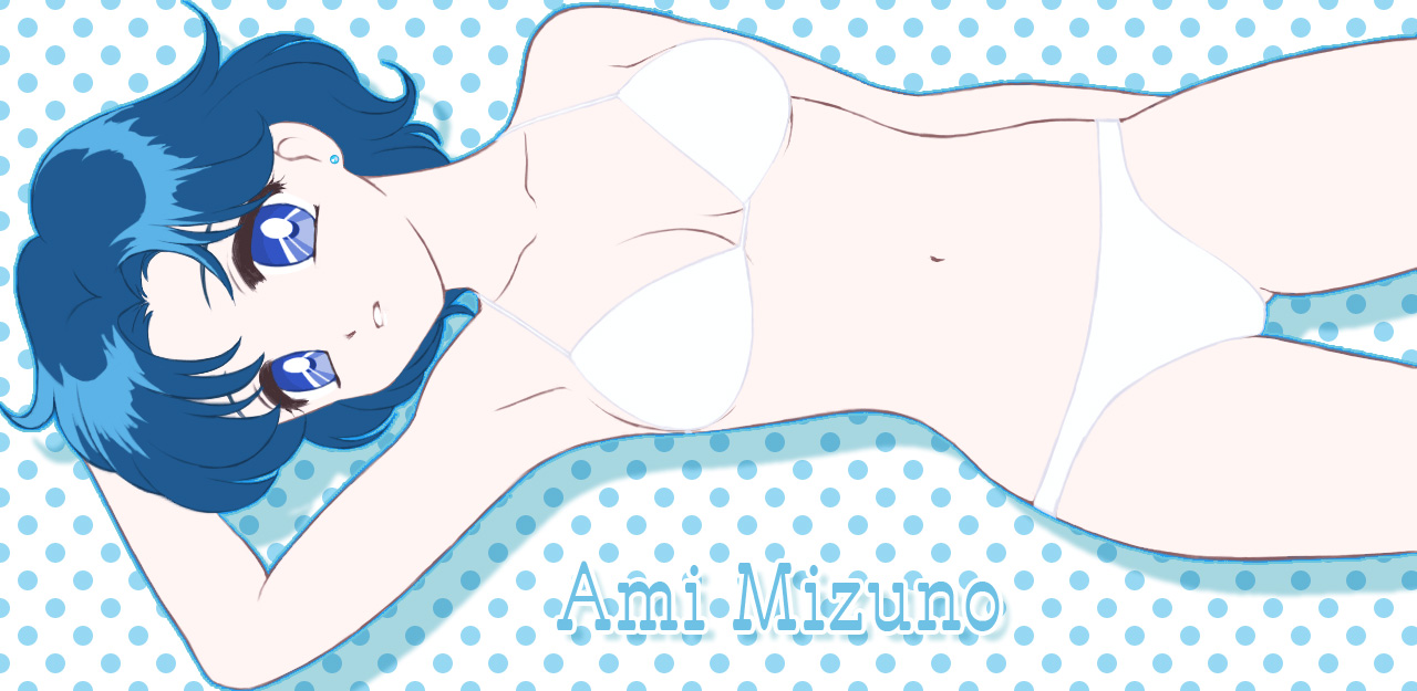 mizuno ami, bishoujo senshi sailor moon, artist request, 1girl, arm up, armpits, bikini, blue eyes, blue hair, breasts, character name, collarbone, earrings, jewelry, looking at viewer, medium breasts, navel, parted lips, polka dot, polka dot background, short hair, solo, swimsuit, white bikini