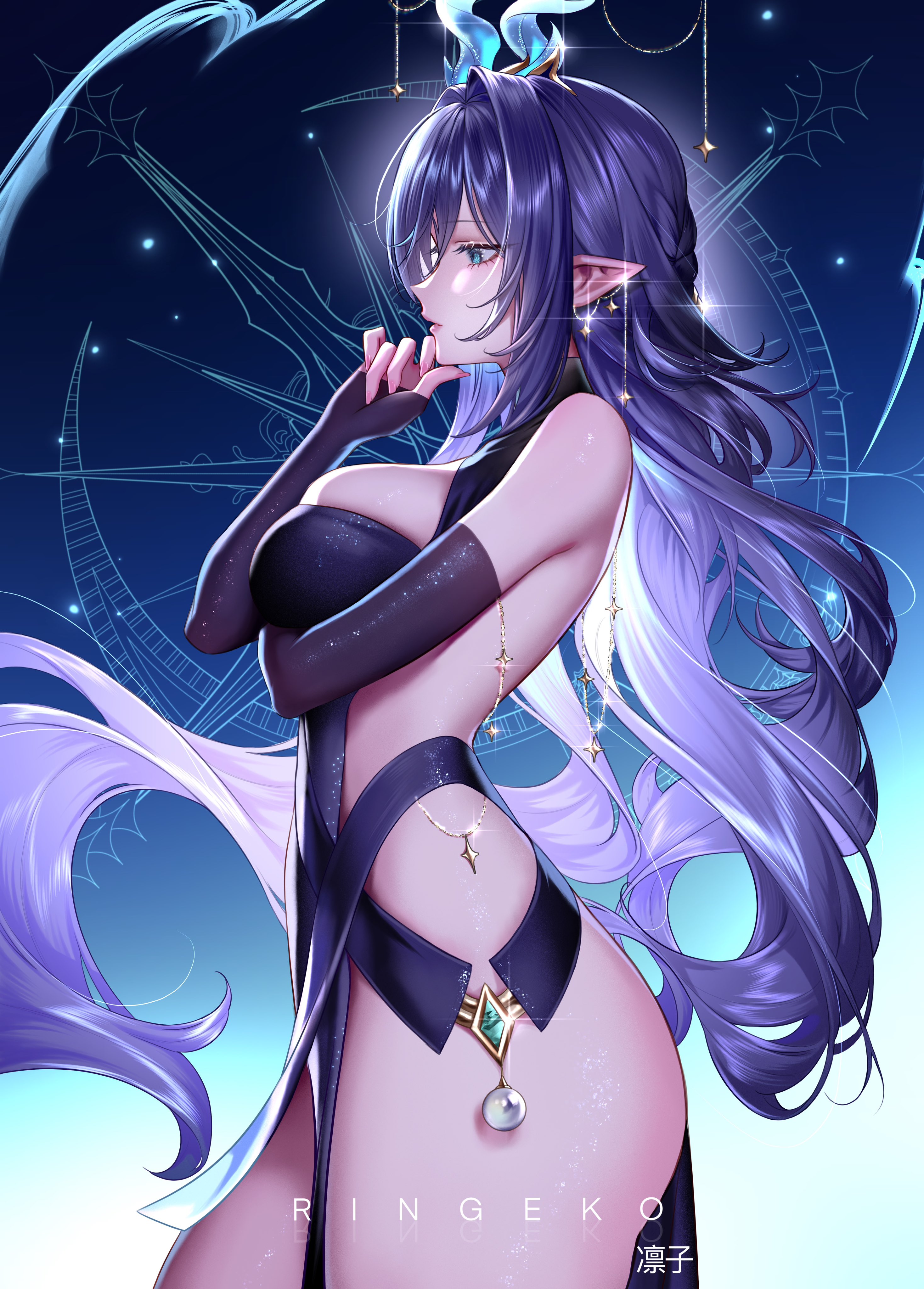 ringeko-chan, lauma (genshin impact), genshin impact, absurdres, commentary, highres, 1girl, adapted costume, alternate costume, antlers, aqua eyes, arm under breasts, artist name, bare shoulders, blue background, breasts, closed mouth, cowboy shot, deer antlers, dress, earrings, elbow gloves, fingerless gloves, fingernails, from side, gloves, gradient background, hair intakes, hand on own chin, hand up, horns, jewelry, long hair, looking ahead, medium breasts, pointy ears, purple dress, purple hair, sidelocks, solo, thighs, very long hair
