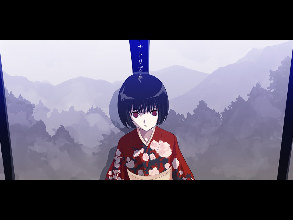 natori (natorism), original, 1girl, black hair, expressionless, female focus, floral print, japanese clothes, kimono, letterboxed, purple eyes, short hair, solo