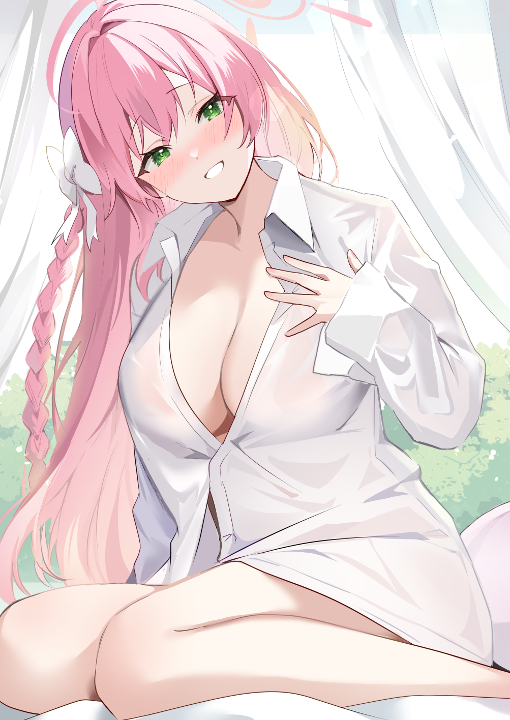 shinsekki, hanako (blue archive), hanako (swimsuit) (blue archive), blue archive, highres, bikini, bikini under clothes, breasts, cleavage, green eyes, halo, large breasts, naked shirt, oversized clothes, oversized shirt, partially unbuttoned, pink halo, see-through clothes, see-through shirt, shirt, smile, swimsuit, wet, wet clothes, wet shirt
