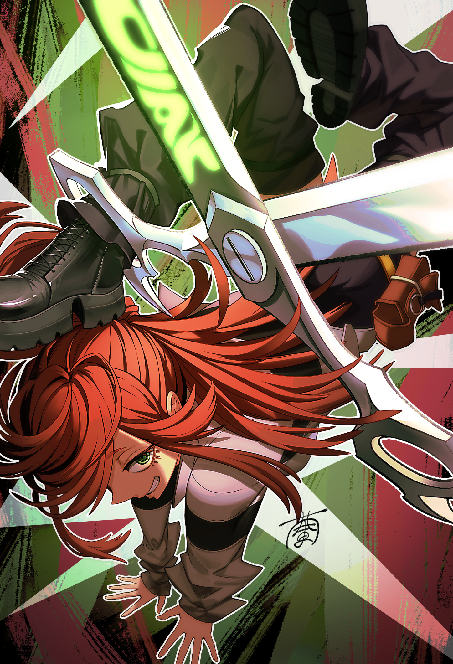 ito mijinko, riyo reaper, gachiakuta, highres, 1girl, belt pouch, black boots, black leg warmers, black shorts, boots, green eyes, grey jacket, grin, handstand, jacket, leg warmers, long hair, looking at viewer, pouch, red hair, scissors, shorts, sidelocks, smile, solo