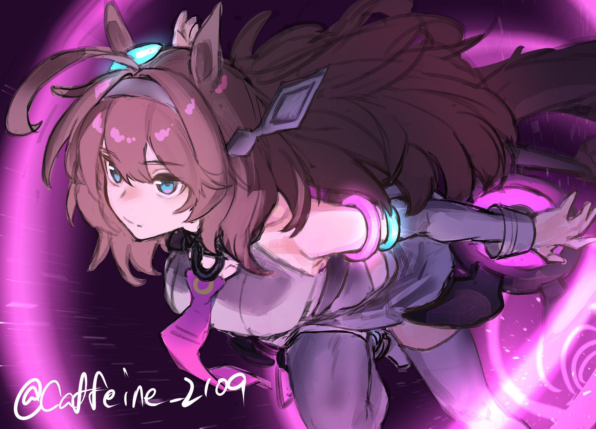 caffeine 2109, mihono bourbon (umamusume), umamusume, commentary request, highres, 1girl, ahoge, animal ears, artist name, bare shoulders, brown hair, closed mouth, detached sleeves, ear ornament, hair between eyes, hair intakes, hair ornament, horse ears, horse girl, horse tail, huge ahoge, leaning forward, leotard, leotard under clothes, long hair, looking ahead, necktie, neon trim, pink necktie, skirt, solo, tail, thighhighs, twitter username, white leotard, white skirt, white thighhighs