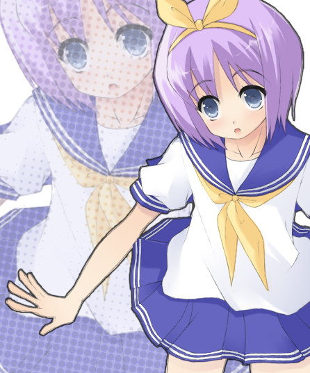 noi (noi 2y), hiiragi tsukasa, lucky star, 00s, 1girl, blue eyes, bow, female focus, miniskirt, purple hair, school uniform, serafuku, short hair, skirt, solo, yellow bow
