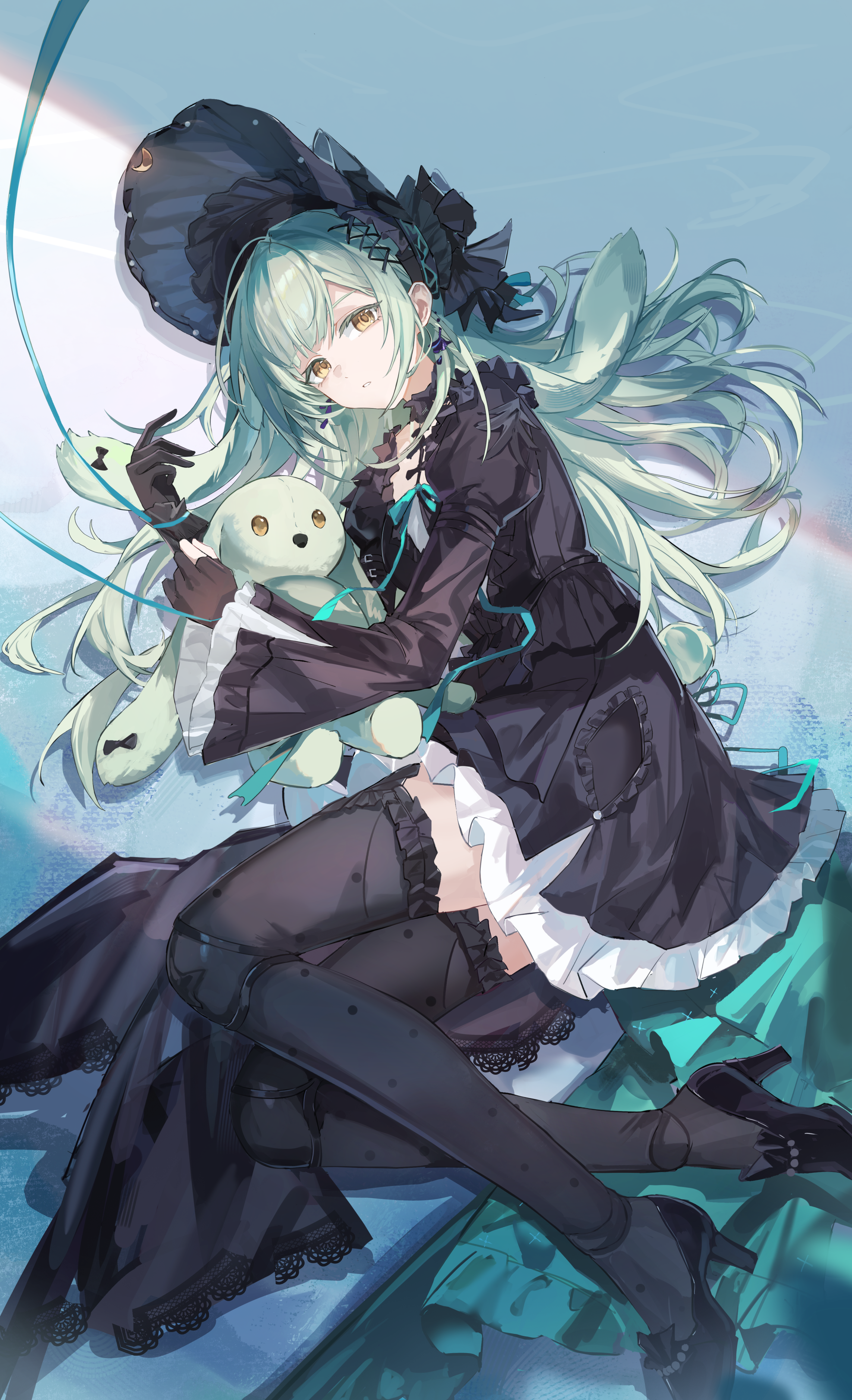 chenmu sora, wakaba mutsumi, arknights, bang dream!, absurdres, highres, 1girl, asymmetrical gloves, black dress, black gloves, black hat, black shoes, black thighhighs, dress, gloves, hat, high heels, long hair, long sleeves, looking at viewer, lying, mismatched gloves, official alternate costume, on side, parted lips, partially fingerless gloves, polka dot, shoes, solo, thighhighs, wakaba mutsumi (marionette's id), yellow eyes
