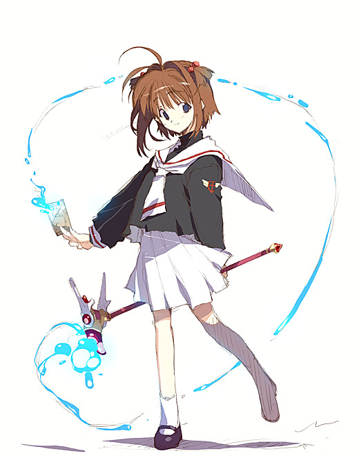 abimaru, kinomoto sakura, cardcaptor sakura, 1990s (style), 1girl, alternate eye color, between fingers, black shirt, blouse, card, child, female focus, full body, fuuin no tsue, holding, holding card, magic, magical girl, mary janes, retro artstyle, school uniform, serafuku, shirt, shoes, simple background, socks, solo, standing, standing on one leg, tomoeda middle school uniform, white background, white socks