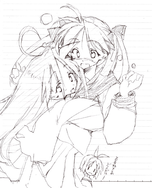 abimaru, hiiragi kagami, hiiragi tsukasa, izumi konata, lucky star, traditional media, 00s, 3girls, ahoge, blush, greyscale, hug, monochrome, multiple girls, siblings, sisters, sketch, twins, twintails, | |