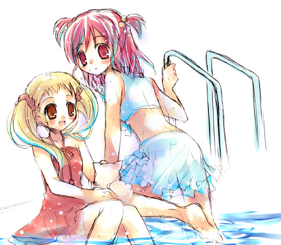 suzushiro kurumi, coco (precure 5), coco (yes! precure 5), kasugano urara (yes! precure 5), yumehara nozomi, precure, yes! precure 5, 00s, 2girls, :o, barefoot, bikini, blonde hair, hair bobbles, hair ornament, multiple girls, one-piece swimsuit, pink hair, pool, pool ladder, poolside, red eyes, red one-piece swimsuit, sitting, sketch, soaking feet, swimsuit, tankini, two side up, water, wet, yellow eyes