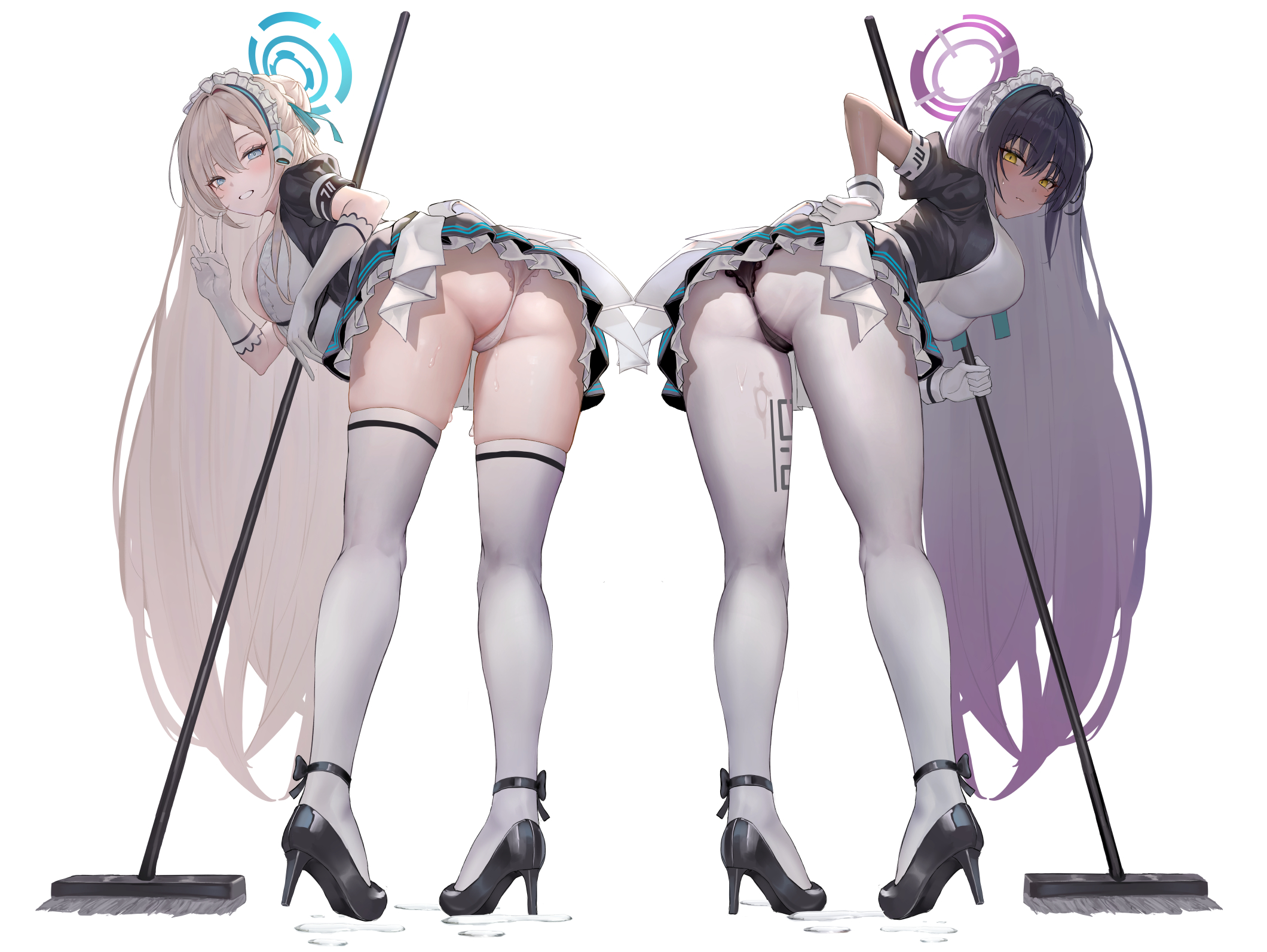 i ruru, asuna (blue archive), karin (blue archive), blue archive, commentary request, highres, 2girls, alternate costume, apron, ass, black dress, black hair, black panties, black shoes, blonde hair, blue eyes, blue halo, blush, breasts, closed mouth, dark-skinned female, dark skin, dress, from behind, full body, gloves, grin, halo, high heels, holding, holding mop, large breasts, leaning forward, long hair, looking at viewer, looking back, maid, maid headdress, mop, multiple girls, panties, pantyhose, partially visible vulva, purple halo, shoes, short sleeves, simple background, smile, teeth, thighhighs, underwear, v, white apron, white background, white gloves, white panties, white pantyhose, white thighhighs, yellow eyes