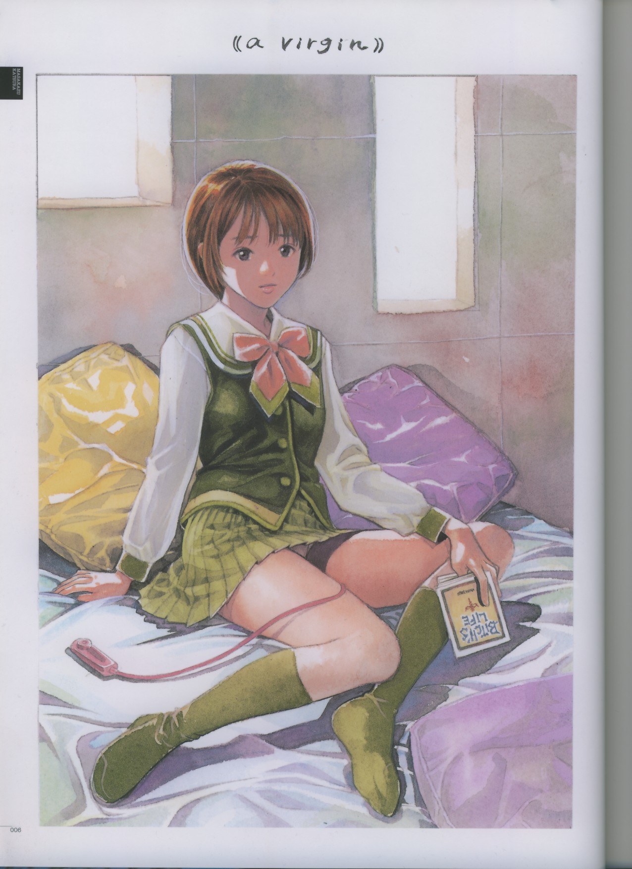 katsura masakazu, bitch's life illustration file, original, highres, scan, school uniform, serafuku, sex toy, solo, vibrator