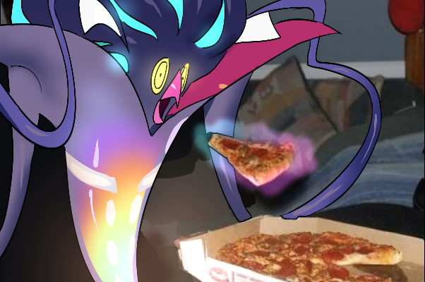 rkrekrnl1, malamar, mega malamar, nintendo, pokemon, :o, colored sclera, eating, food, gen 6 pokemon, glowing, glowing eyes, mega pokemon, neon lights, no humans, open mouth, pizza, pizza slice, pokemon (creature), pokemon focus, pun, ringed eyes, solo, telekinesis, tentacles, yellow eyes