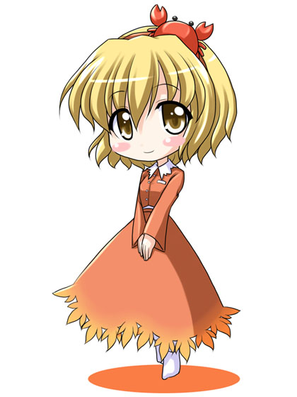 aki shizuha, touhou, 1girl, blonde hair, blush stickers, crab, dress, female focus, orange dress, short hair, smile, solo, v arms, yellow eyes