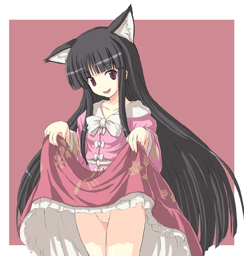 houraisan kaguya, touhou, non-web source, 1girl, :d, animal ears, black eyes, blunt bangs, bow, bowtie, cat ears, cat girl, clothes lift, collarbone, female focus, head tilt, hime cut, kemonomimi mode, long hair, looking at viewer, no nose, no panties, no pussy, open mouth, purple background, shirt, skirt, skirt lift, smile, solo, standing, very long hair