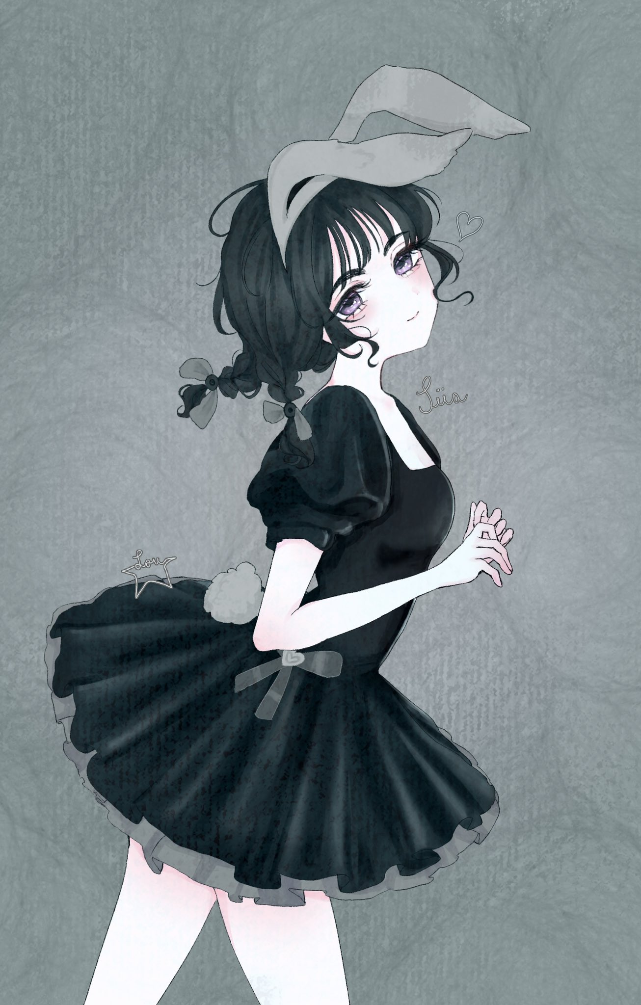 sua (alien stage), alien stage, commentary, english commentary, highres, 1girl, animal ears, black dress, braid, closed mouth, dress, from side, grey background, heart, looking at viewer, looking to the side, official alternate costume, puffy short sleeves, puffy sleeves, rabbit ears, rabbit tail, short hair, short sleeves, signature, smile, solo, stelleriee, tail, twin braids