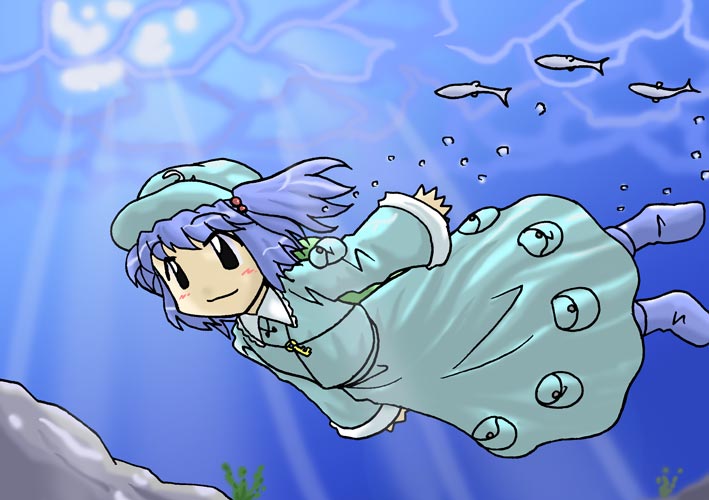 horten, kawashiro nitori, touhou, 1girl, backpack, bag, black eyes, blue hair, blue skirt, blush, boots, female focus, fish, hair bobbles, hair ornament, hat, key, long sleeves, rubber boots, skirt, solo, sunlight, swimming, two side up, underwater