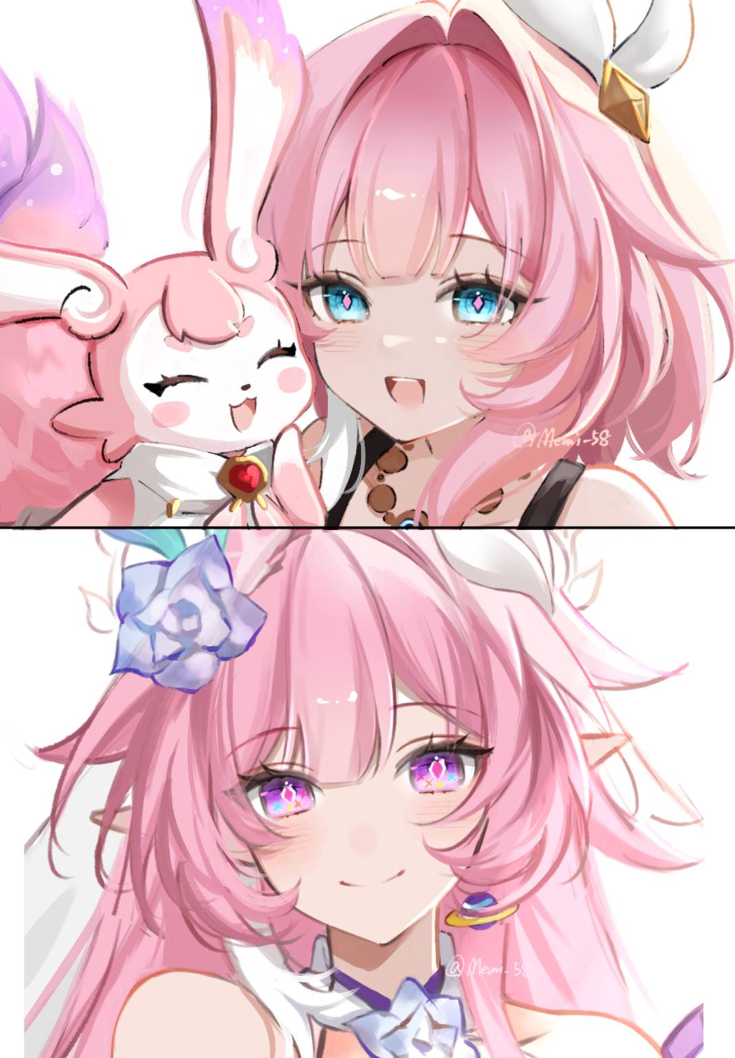 memi 58, cyrene (honkai: star rail), cyrene (ripples of past reverie) (honkai: star rail), mem (honkai: star rail), honkai: star rail, honkai (series), commentary request, highres, 2girls, bare shoulders, blue eyes, cyrene (aedes elysiae) (honkai: star rail), diamond-shaped pupils, diamond (shape), earrings, flower, hair flower, hair ornament, jewelry, long hair, looking at viewer, multicolored hair, multiple girls, necklace, pink hair, pointy ears, purple eyes, short hair, simple background, smile, symbol-shaped pupils, twitter username, two-tone hair, very long hair, white background, white hair