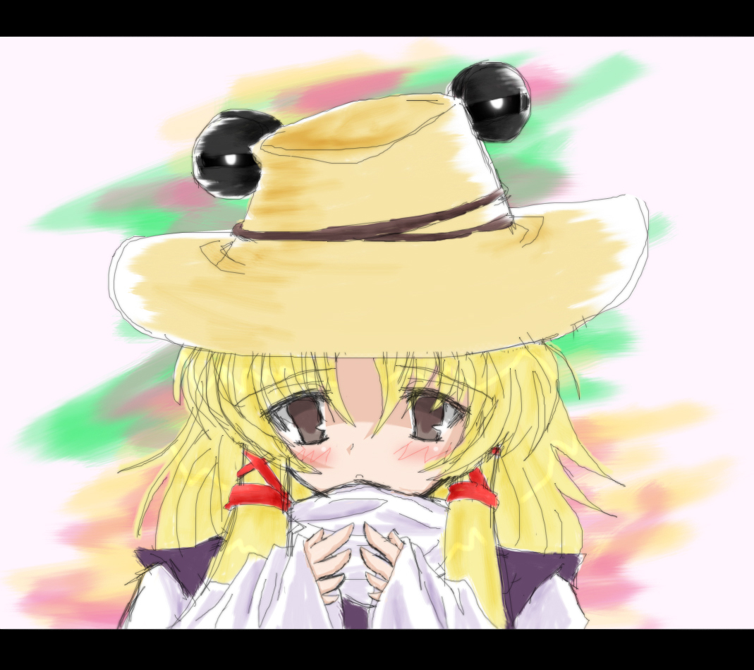 moriya suwako, touhou, 1girl, blonde hair, blush, brown eyes, closed mouth, extra eyes, female focus, hair ribbon, hat, letterboxed, long sleeves, red ribbon, ribbon, sad, short hair, sidelocks, solo, sweater, upper body
