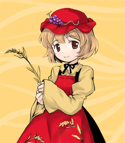 sakumo, sakumo (karatama), aki minoriko, touhou, lowres, 1girl, apron, blonde hair, female focus, food, fruit, grapes, hat, short hair, smile, solo, wheat, yellow eyes