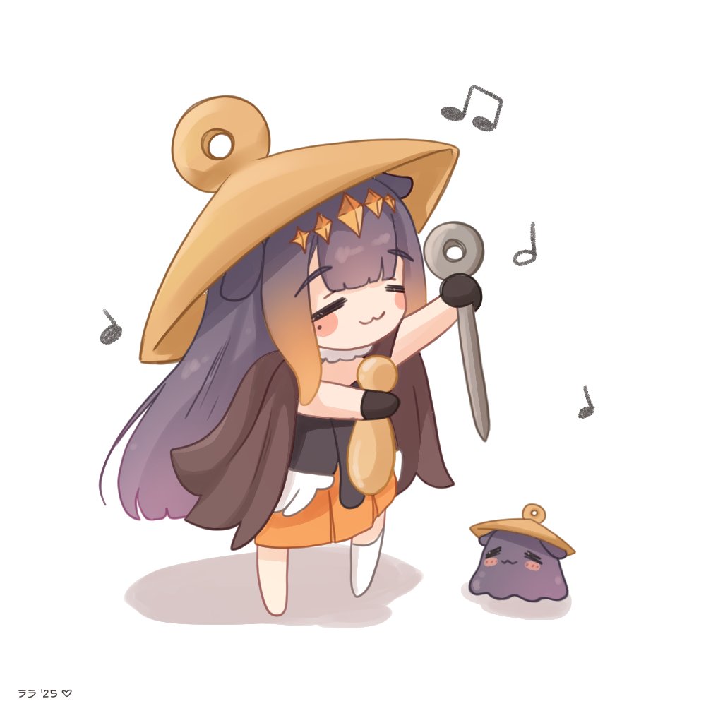 lalachan208, ninomae ina'nis, ninomae ina'nis (1st costume), takodachi (ninomae ina'nis), hollow knight, hollow knight: silksong, hololive, hololive english, 1girl, = =, artist name, beamed eighth notes, black gloves, blunt bangs, blush stickers, brown cape, cape, choker, cosplay, dated, full body, fur-trimmed choker, fur trim, gloves, gradient hair, half note, holding sewing needle, long hair, mole, mole under eye, multicolored hair, musical note, needle, orange hair, outstretched arms, purple hair, quarter note, sewing needle, sherma (hollow knight), sherma (hollow knight) (cosplay), simple background, single thighhigh, solo, standing, tentacle hair, thighhighs, very long hair, virtual youtuber, white background, white thighhighs