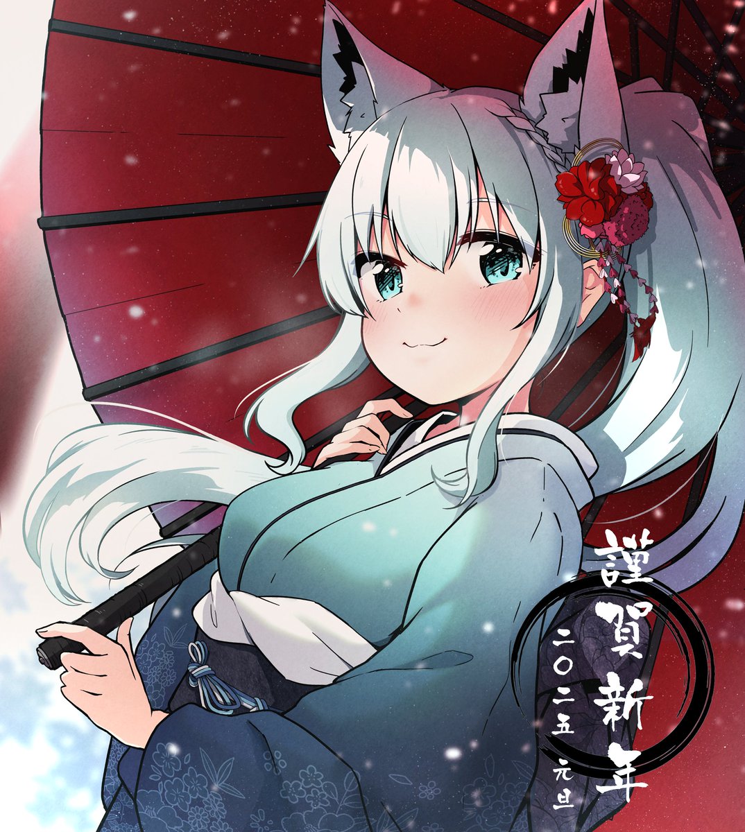 yokaranuyakara, shirakami fubuki, hololive, hololive english, commentary, highres, :3, animal ear fluff, animal ears, aqua eyes, blue kimono, braid, breath, floral print, flower, fox ears, fox girl, gradient clothes, gradient kimono, hair flower, hair ornament, happy new year, holding, holding umbrella, japanese clothes, kimono, long hair, looking at viewer, new year, obi, obiage, obijime, oil-paper umbrella, ponytail, sash, side braid, sidelocks, single braid, smile, snow, umbrella, upper body, virtual youtuber, white hair, winter