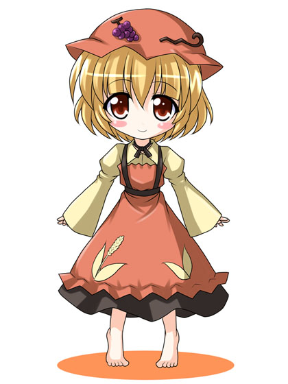 bococho, aki minoriko, touhou, 1girl, barefoot, blonde hair, female focus, food, fruit, full body, grapes, hair between eyes, hat, legs apart, orange hat, red eyes, simple background, solo, standing, white background