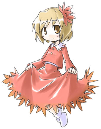 aki shizuha, touhou, lowres, 1girl, blonde hair, clothes lift, dress, dress lift, female focus, hair ornament, leaf, leaf hair ornament, leaf on head, object on head, red dress, short hair, solo, yellow eyes