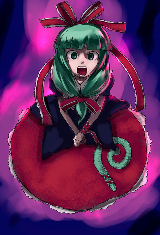 kagiyama hina, touhou, eyebrows, 1girl, blunt bangs, bow, female focus, from above, front ponytail, full body, green eyes, green hair, hair bow, hair ribbon, looking at viewer, matching hair/eyes, open mouth, puffy short sleeves, puffy sleeves, red bow, red ribbon, red skirt, ribbon, short sleeves, simple background, skirt, solo, teeth
