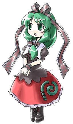 kagiyama hina, touhou, lowres, 1girl, bow, female focus, front ponytail, full body, green eyes, green hair, matching hair/eyes, ribbon, simple background, solo