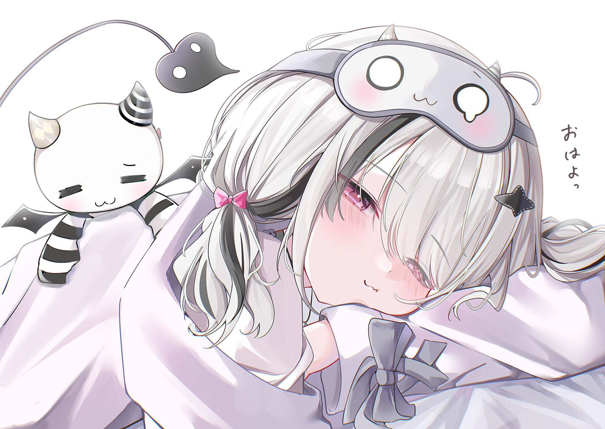 yuru. (m29125567), asumi sena, vspo!, highres, 1girl, blush, demon tail, eye mask, looking at viewer, mask, multicolored hair, pajamas, pink eyes, sleep mask, solo, streaked hair, tail, virtual youtuber, white hair