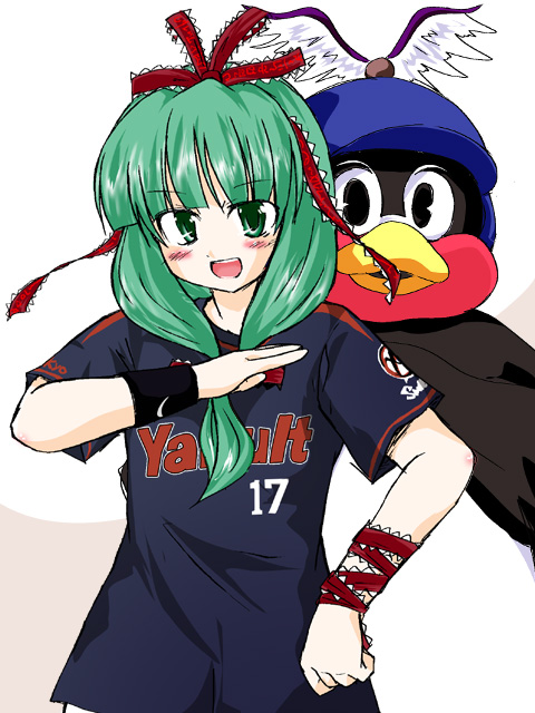 kagiyama hina, touhou, 1girl, alternate costume, animal costume, blunt bangs, blush, bow, female focus, front ponytail, green eyes, green hair, hair bow, hair ribbon, looking at viewer, matching hair/eyes, open mouth, penguin costume, red bow, red ribbon, ribbon, short sleeves, simple background, solo, upper body, wrist cuffs