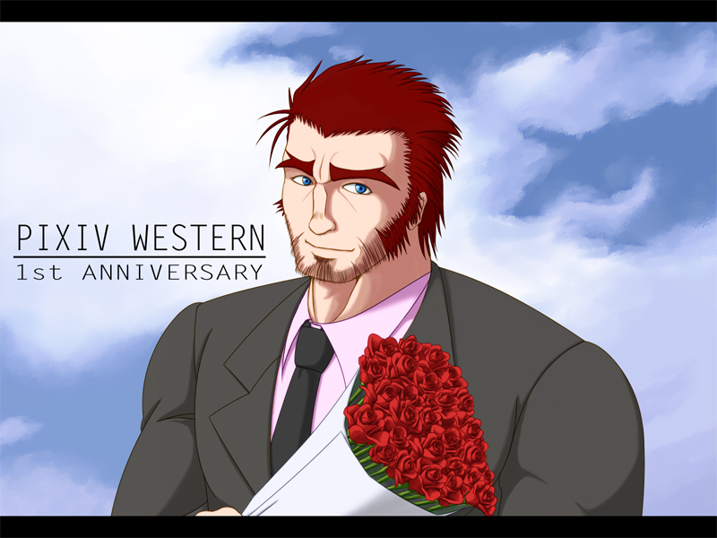 original, pixiv western, 1boy, black suit, blue eyes, facial hair, flower, formal clothes, guy smith (mtkn), mtkn, muscular, muscular male, red hair, suit, tall male