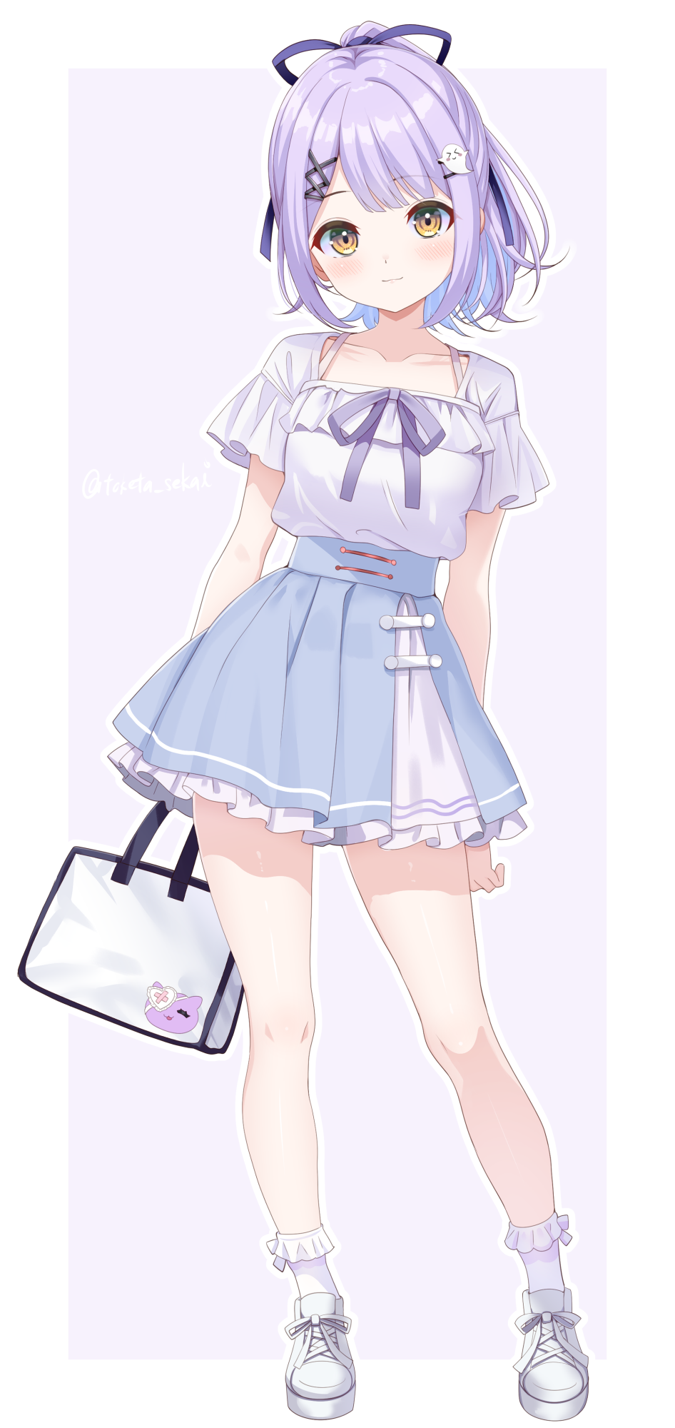 toketa-sekai, shinomiya runa, vspo!, commentary request, highres, 1girl, alternate costume, bag, blue skirt, blush, closed mouth, dot nose, ghost hair ornament, hair ribbon, holding, holding bag, light smile, looking at viewer, miniskirt, purple hair, purple ribbon, ribbon, shirt, shoes, skirt, socks, solo, virtual youtuber, white bag, white shirt, white shoes, white socks, yellow eyes