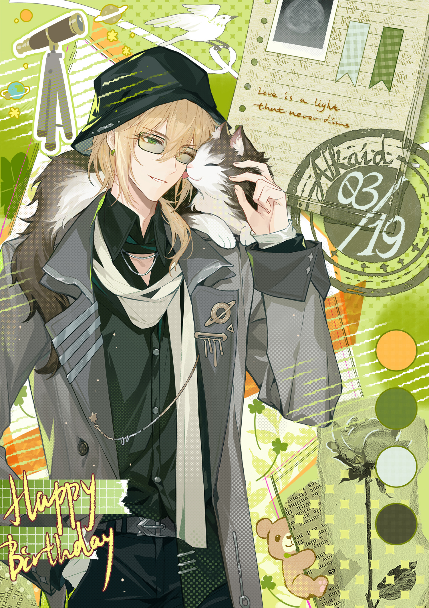 alkaid mcgrath, lovebrush chronicles, chinese commentary, highres, official art, 1boy, animal, animal on shoulder, belt, belt buckle, bespectacled, bird, black-framed eyewear, black hat, black pants, black shirt, blonde hair, bucket hat, buckle, cat, character name, clothing cutout, clover, collared shirt, color guide, cowboy shot, dated, earrings, english text, flower, full moon, glasses, green background, green eyes, grey belt, grey jacket, hair between eyes, hair over shoulder, halftone, hand in pocket, hand up, happy birthday, hat, jacket, jewelry, lapel pin, lapels, long sleeves, looking at animal, low ponytail, male focus, medium hair, moon, notched lapels, open clothes, open jacket, pants, parted lips, petting, photo (object), planet, ponytail, postage stamp, ragdoll (cat), rose, scarf, shirt, shirt partially tucked in, solo, standing, stuffed animal, stuffed toy, sweater guard, teddy bear, telescope, tinted eyewear, white scarf