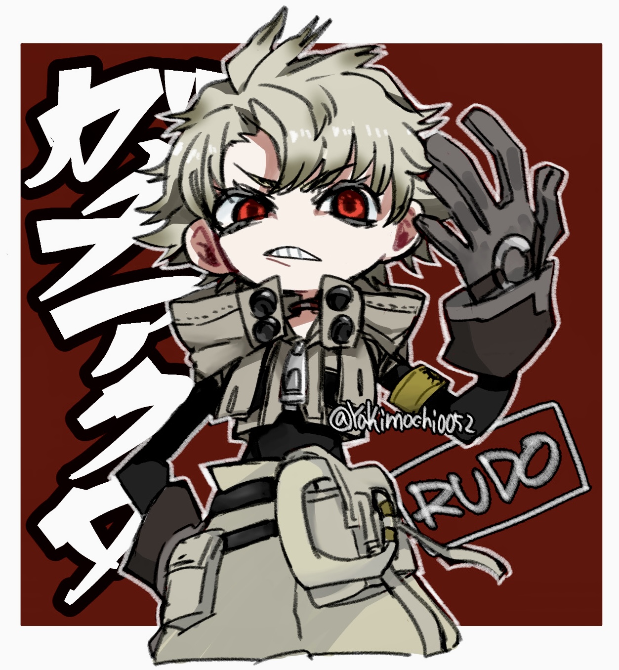 yuuma005, rudo surebrec, gachiakuta, highres, 1boy, armband, character name, copyright name, cowboy shot, gloves, grey gloves, grey pants, grey vest, male focus, pants, parted bangs, parted lips, red background, red eyes, simple background, solo, undershirt, vest, white hair, yellow armband