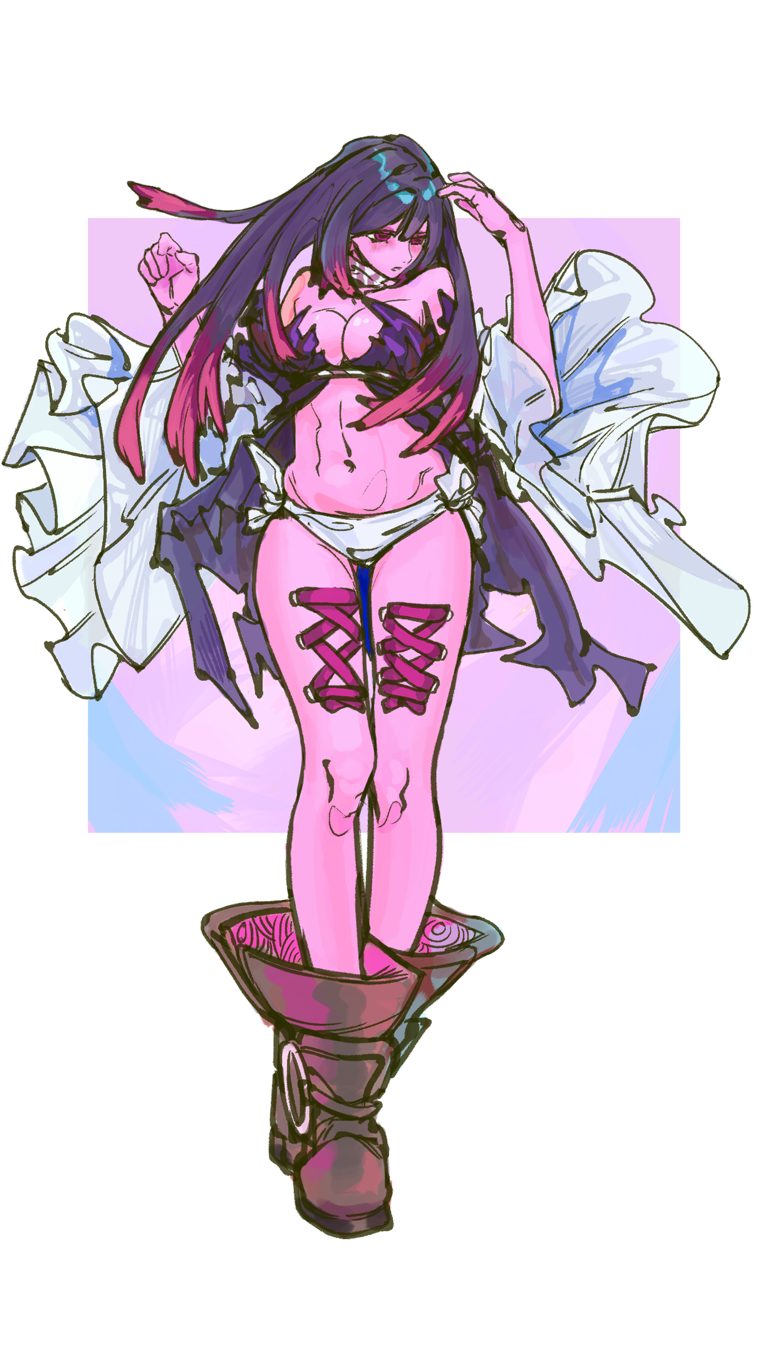 gachiakuta, absurdres, highres, 1girl, amo empool, black dress, black hair, boots, breasts, brown boots, cleavage, corset piercing, detached sleeves, dress, frilled sleeves, frills, full body, kijin other, long hair, open clothes, open dress, orange eyes, orange hair, panties, scarf, simple background, solo, underwear, white background, white panties, white sleeves, wide sleeves
