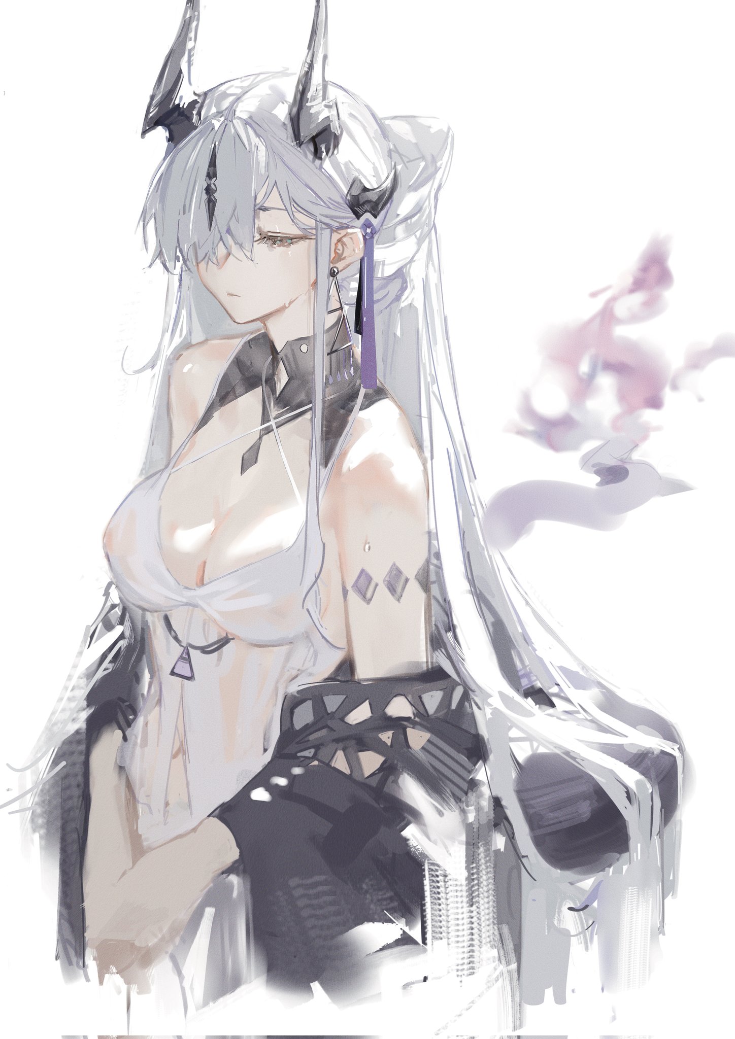 nbrush19, necrass (arknights), necrass (summer flowers) (arknights), arknights, corrupted twitter file, hashtag-only commentary, highres, 1girl, bare shoulders, bikini, black collar, black horns, black tail, breasts, cleavage, closed eyes, closed mouth, collar, covered erect nipples, criss-cross halter, cropped torso, detached collar, dragon girl, dragon horns, earrings, expressionless, facing ahead, fire, flame-tipped tail, hair flowing over, hair ornament, hair over one eye, half updo, halterneck, horns, jewelry, large breasts, long hair, see-through clothes, see-through shirt, shirt, solo, swimsuit, swimsuit cover-up, tail, tassel, tassel hair ornament, triangle earrings, very long hair, white background, white bikini, white hair, white shirt