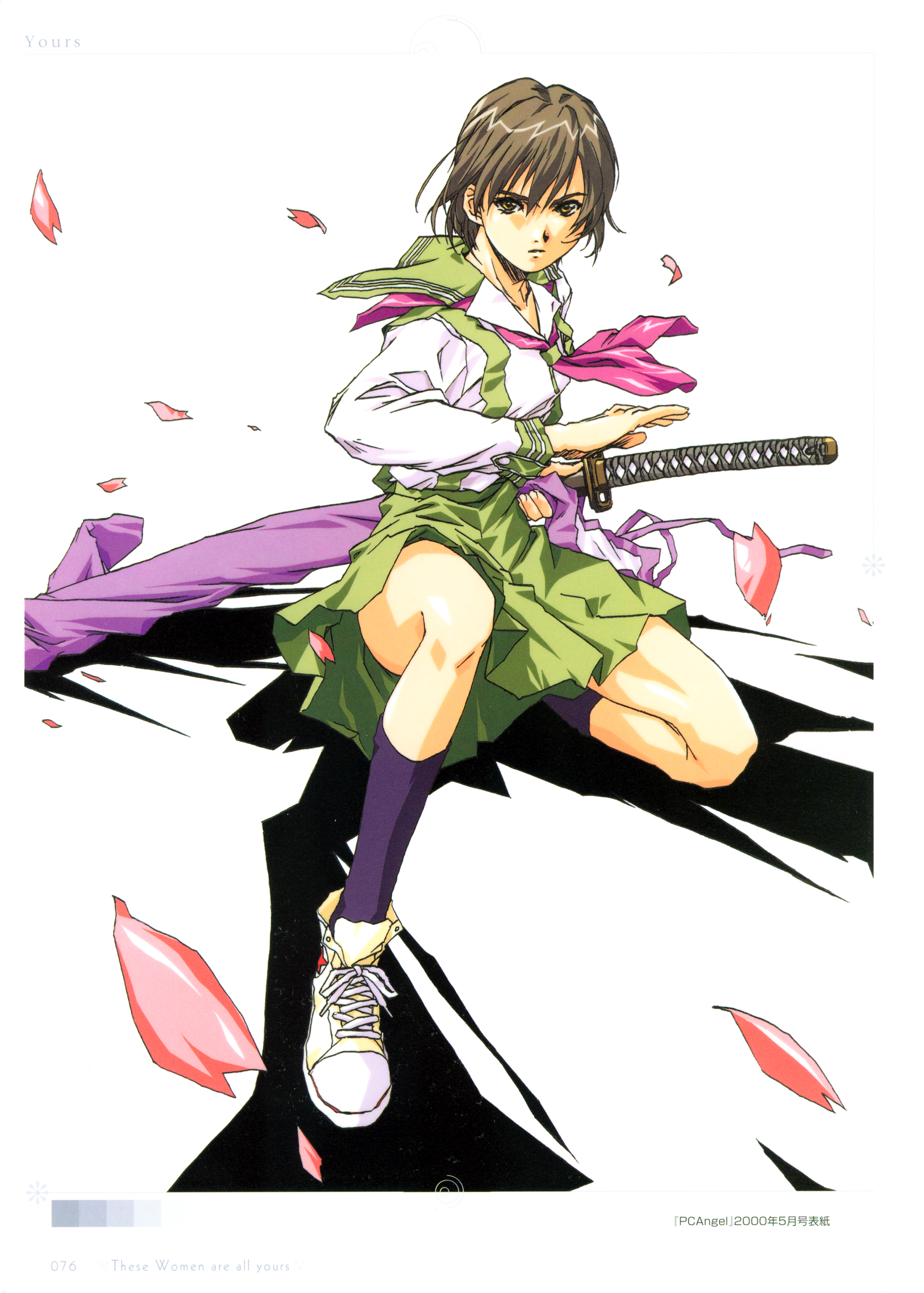 horibe hiderou, original, yours (art book), absurdres, highres, 1girl, black socks, female focus, fighting stance, full body, hair between eyes, holding, holding sword, holding weapon, katana, miniskirt, neckerchief, on one knee, petals, pink neckerchief, ready to draw, school uniform, serafuku, skirt, socks, solo, sword, weapon, weapon bag, white background