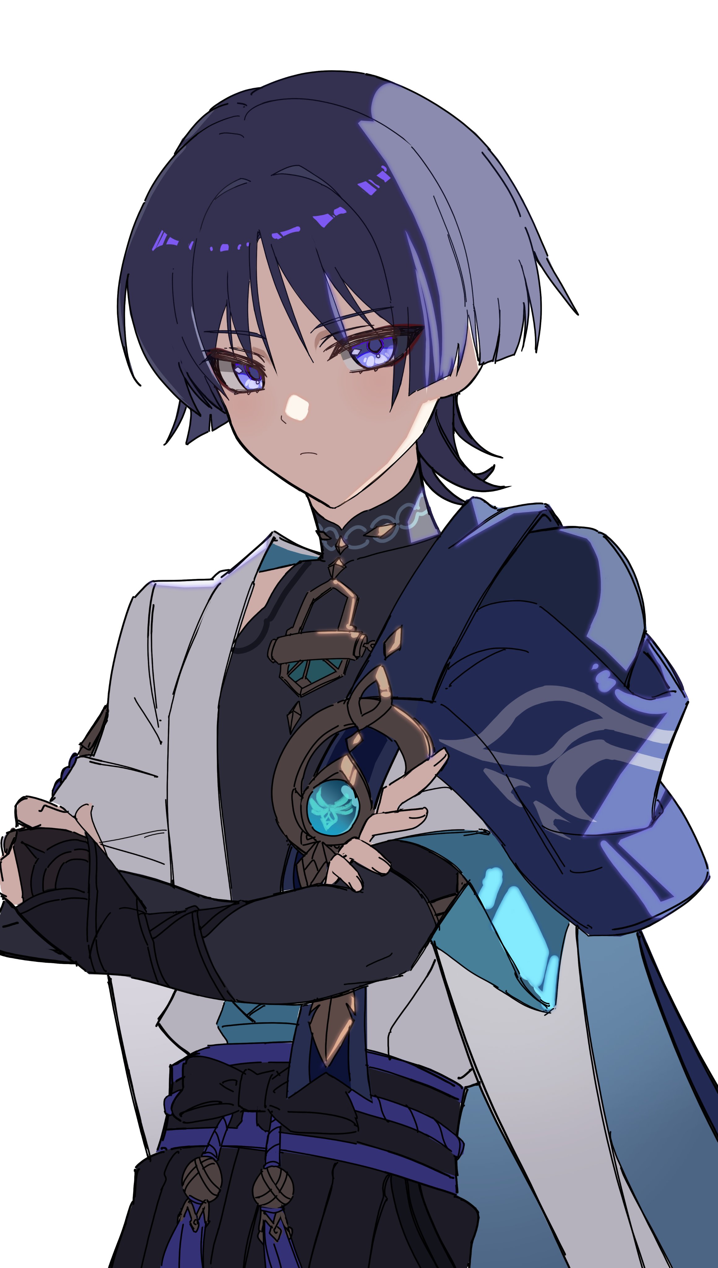miaoyeza233, scaramouche (genshin impact), wanderer (genshin impact), genshin impact, absurdres, highres, 1boy, anemo symbol (genshin impact), armor, belt, black belt, black bodysuit, black bow, black bridal gauntlets, black hair, black shorts, blue cape, blue gemstone, blue kimono, blue sleeves, blunt ends, bodysuit, bow, bridal gauntlets, cape, closed mouth, covered collarbone, crossed arms, eyelashes, eyeliner, eyeshadow, feathers, fingernails, furisode, gem, hakama, hakama shorts, hand on own arm, japanese armor, japanese clothes, juban, kimono, kote, kurokote, layered sleeves, looking at viewer, makeup, male focus, mandarin collar, middle ring, multicolored hair, open clothes, open kimono, pleated shorts, purple eyes, purple hair, purple rope, purple sash, red eyeliner, red eyeshadow, rope, sash, short sleeves, shorts, shoulder peek, solo, streaked hair, tassel, tsurime, upper body, white background, white kimono, white sleeves, white trim, wispy bangs, yellow feathers