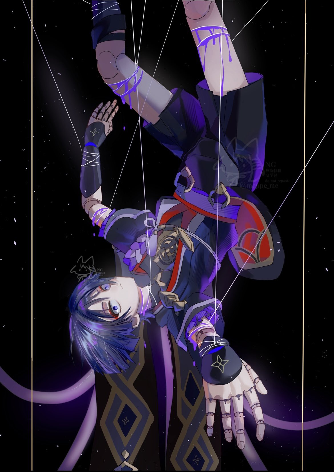 meppe me, scaramouche (genshin impact), genshin impact, highres, 1boy, armor, black background, black bodysuit, black hair, black kimono, black shorts, black sleeves, blood, blunt ends, bodysuit, cable, closed mouth, doll joints, eyeliner, eyeshadow, frilled sleeves, frills, furisode, gold, japanese armor, japanese clothes, jewelry, joints, juban, kimono, kote, kurokote, layered sleeves, looking at viewer, makeup, male focus, mandarin collar, mitsudomoe (shape), multicolored hair, neck ring, open clothes, open kimono, outstretched arms, puppet strings, purple blood, purple eyes, purple hair, purple rope, purple shorts, purple sleeves, red eyeliner, red eyeshadow, red kimono, rope, shimenawa, short sleeves, shorts, single sode, solo, spread arms, streaked hair, string around arm, string around leg, string around neck, string around wrist, tassel, tomoe (symbol), tsurime, twitter username, two-sided shorts, upside-down, watermark, white kimono, white rope, wide-eyed, wispy bangs