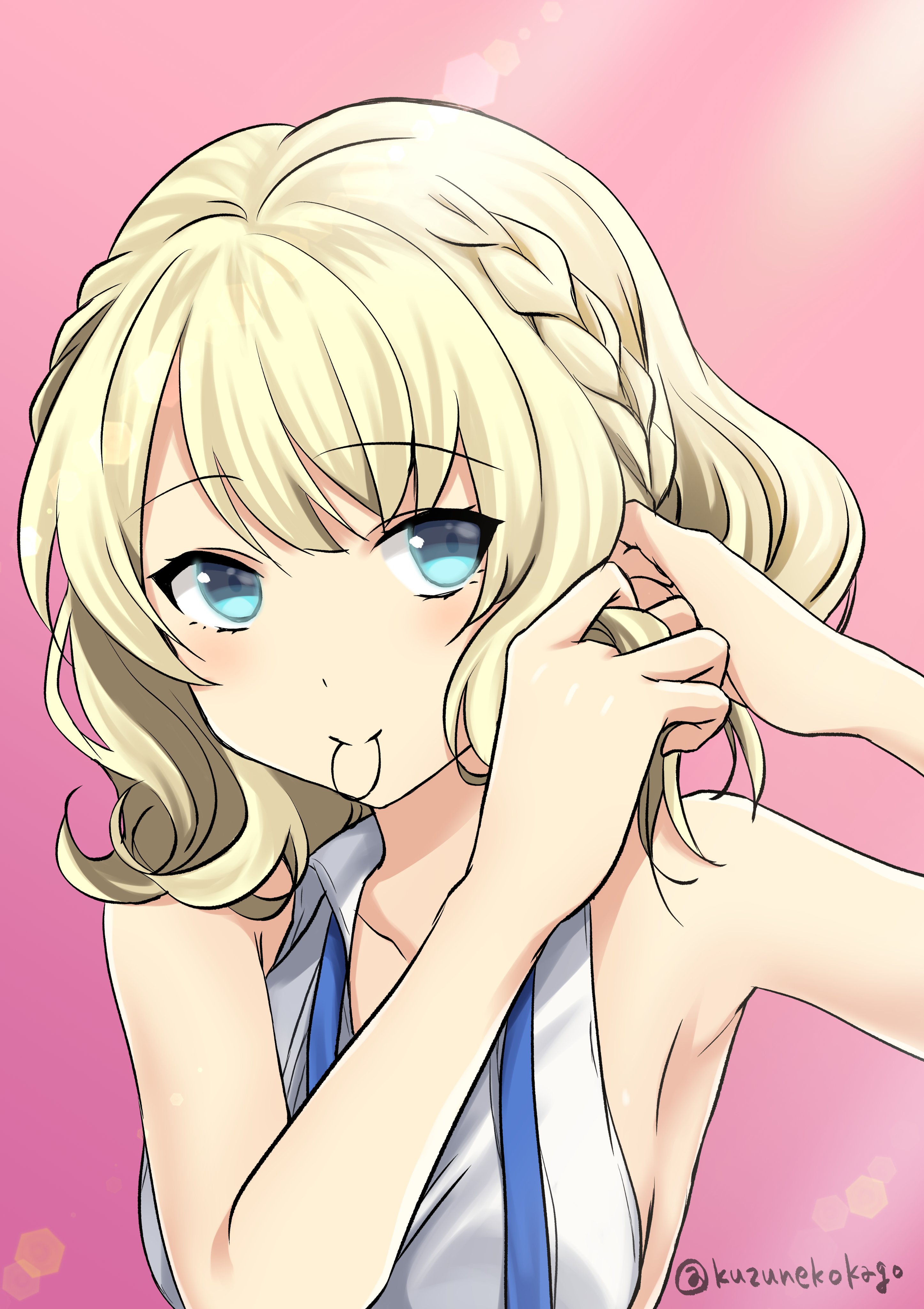 shizukuneko, colorado (kancolle), kantai collection, absurdres, highres, 1girl, blonde hair, blue eyes, blue necktie, mouth hold, necktie, one-hour drawing challenge, pink background, rubber band, shirt, short hair, sleeveless, sleeveless shirt, solo, twitter username, undone necktie, upper body, white shirt