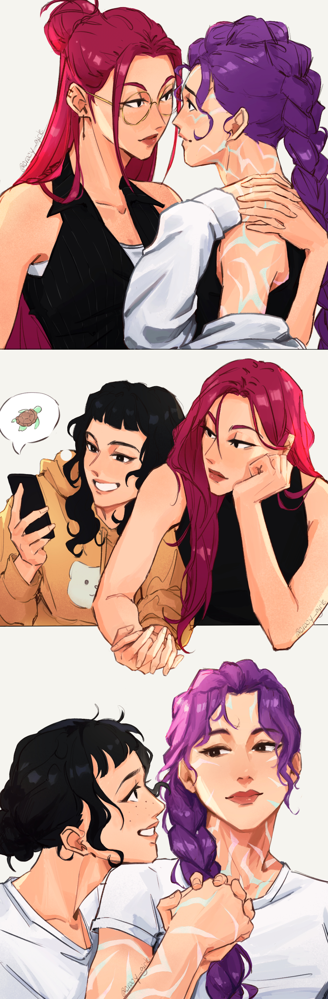 cracy girls, mira (kpop demon hunters), rumi (kpop demon hunters), zoey (kpop demon hunters), kpop demon hunters, absurdres, commentary, english commentary, highres, 3girls, black hair, black shirt, braid, cellphone, closed mouth, earrings, eye contact, glasses, holding, holding hands, holding phone, hood, hoodie, interlocked fingers, jewelry, long hair, long sleeves, looking at another, multiple girls, open mouth, orange hoodie, phone, polyamory, purple hair, red hair, shirt, single braid, smartphone, smile, white shirt, yuri