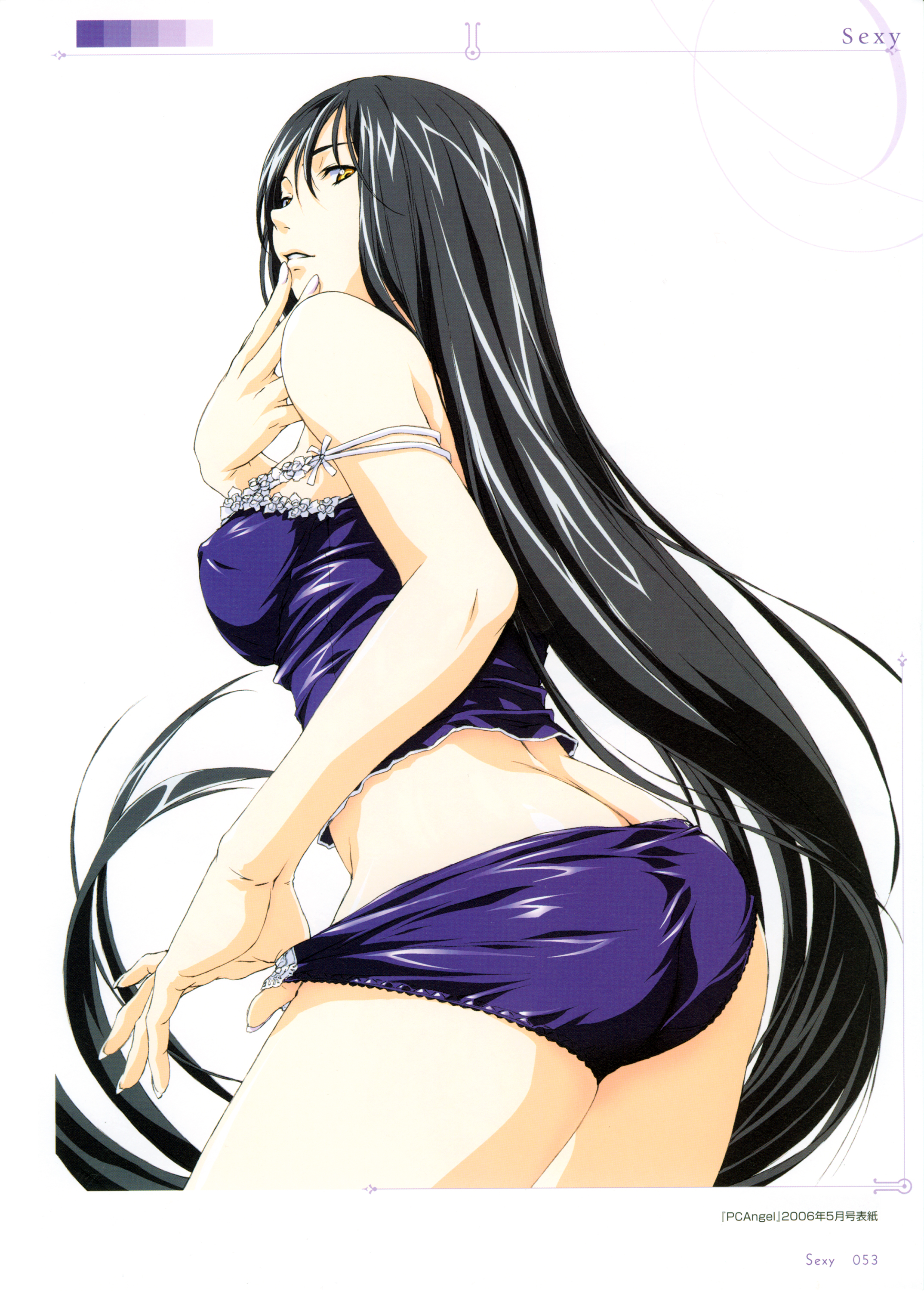 horibe hiderou, original, yours (art book), absurdres, highres, 1girl, ass, black hair, blue panties, breasts, butt crack, camisole, copyright name, covered erect nipples, cowboy shot, dated, female focus, frills, hand on own chin, impossible clothes, impossible shirt, lips, long hair, panties, shirt, simple background, solo, underwear, underwear only, very long hair, white background, yellow eyes