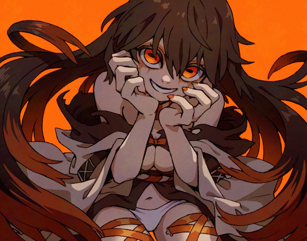 teo (teorekka), gachiakuta, 1girl, amo empool, bow, breasts, brown hair, cleavage, corset piercing, eyeshadow, hands up, long hair, looking at viewer, makeup, multicolored hair, nail polish, open mouth, orange background, orange bow, orange eyes, orange eyeshadow, orange hair, orange nails, panties, simple background, smile, solo, streaked hair, underwear, white panties