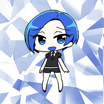 chan co, benitoite (houseki no kuni), houseki no kuni, lowres, official art, 1other, black jacket, black necktie, black shorts, blue background, blue eyes, blue hair, chibi, chibi only, full body, gem uniform (houseki no kuni), jacket, looking at viewer, necktie, open mouth, other focus, puffy short sleeves, puffy sleeves, short hair, short shorts, short sleeves, shorts, solo