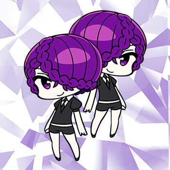 chan co, amethyst (houseki no kuni), houseki no kuni, lowres, official art, 2others, black jacket, black necktie, black shorts, braid, chibi, chibi only, crown braid, full body, gem uniform (houseki no kuni), hair over one eye, jacket, looking at viewer, mirror twins, multiple others, necktie, other focus, puffy short sleeves, puffy sleeves, purple background, purple eyes, purple hair, short hair, short shorts, short sleeves, shorts, siblings, smile