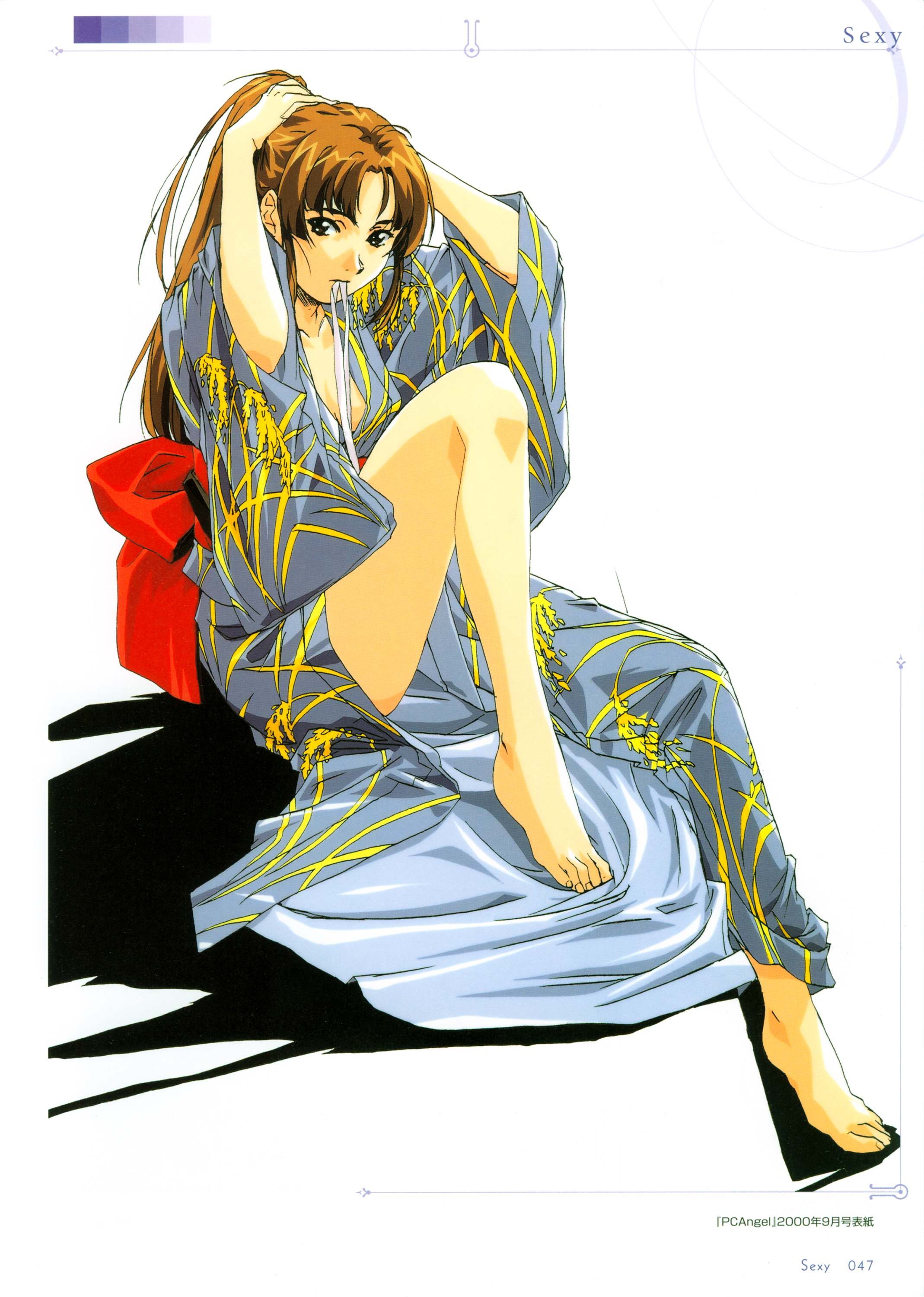 horibe hiderou, original, yours (art book), absurdres, highres, 1girl, barefoot, breasts, brown hair, cleavage, feet, female focus, hairdressing, japanese clothes, kimono, mouth hold, simple background, small breasts, solo