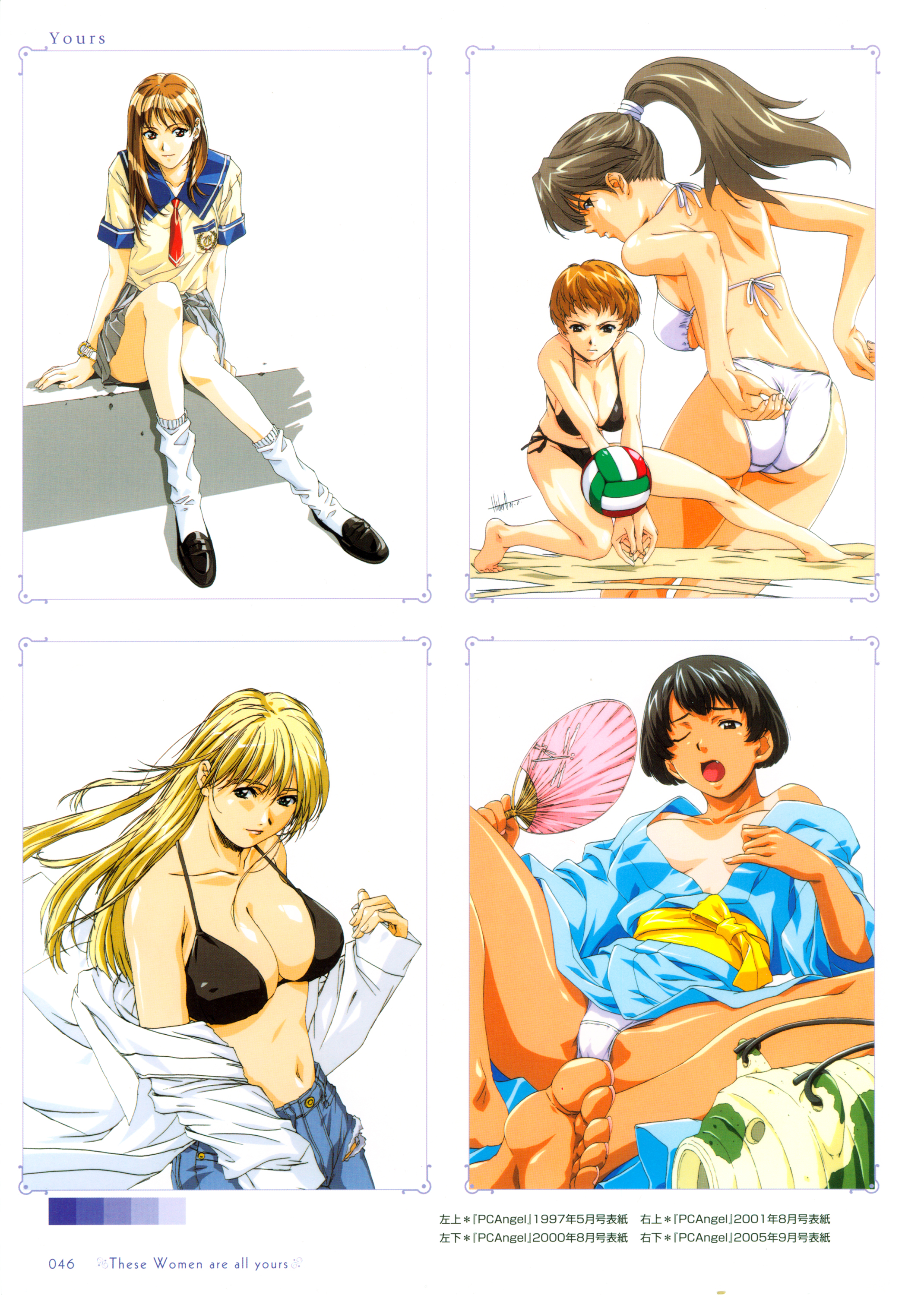horibe hiderou, original, yours (art book), absurdres, highres, 5girls, ball, beach volleyball, bikini, black bikini, blonde hair, feet, hand fan, japanese clothes, kimono, long legs, loose socks, multiple girls, off shoulder, one-piece tan, panties, paper fan, playing sports, school uniform, serafuku, socks, swimsuit, tan, tanline, uchiwa, underwear, volleyball, volleyball (object), white bikini, white socks, yukata
