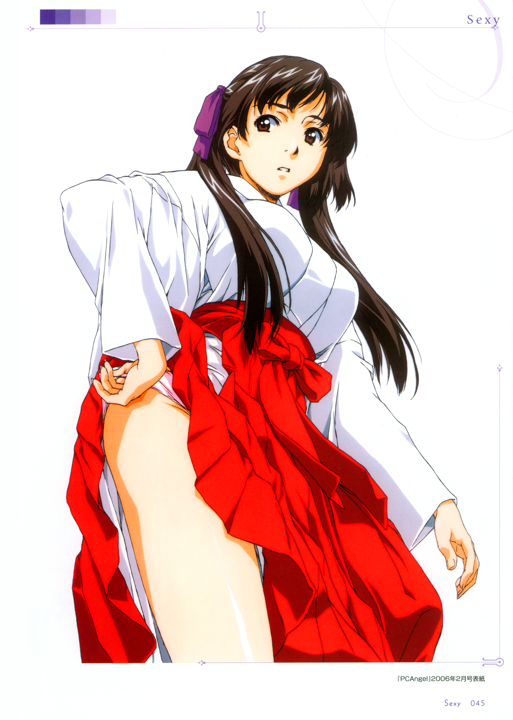 horibe hiderou, original, yours (art book), absurdres, highres, 1girl, adjusting clothes, adjusting panties, ass, breasts, brown hair, clothes lift, copyright name, cowboy shot, dated, female focus, hair ribbon, hakama, hakama lift, hakama skirt, hand on own hip, japanese clothes, large breasts, long hair, miko, panties, parted lips, red eyes, red hakama, ribbon, simple background, skirt, skirt lift, solo, twintails, underwear, upskirt, white background