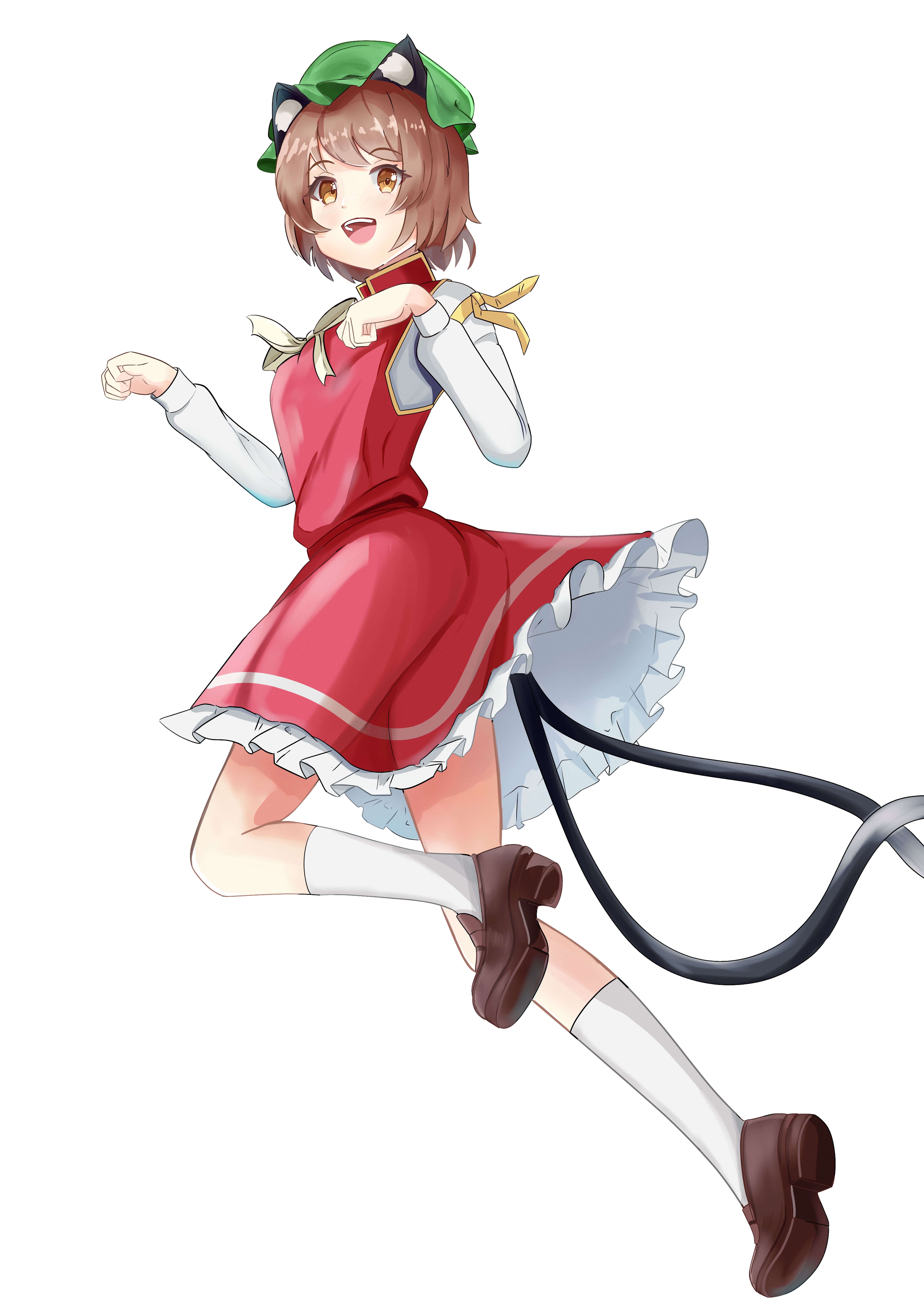 ffjv7422, chen, touhou, absurdres, commentary request, highres, 1girl, :d, animal ear fluff, animal ears, bow, bowtie, breasts, brown eyes, brown hair, cat ears, cat tail, full body, gold trim, hands up, happy, hat, light blush, long sleeves, looking at viewer, looking back, mob cap, nekomata, open mouth, paw pose, petticoat, puffy long sleeves, puffy sleeves, red skirt, red vest, short hair, simple background, skirt, skirt set, small breasts, smile, solo, swept bangs, tail, teeth, tongue, twisted torso, upper teeth only, vest, white background, white bow, white bowtie