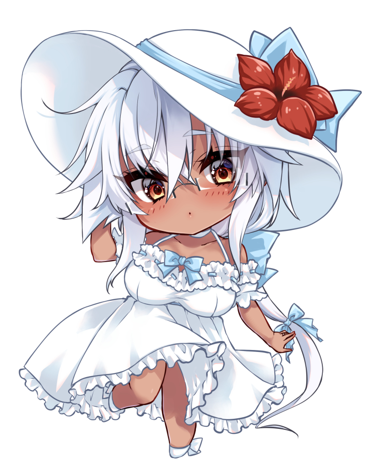 mashiro yukiya, musashi (kancolle), kantai collection, commentary request, 1girl, alternate costume, chibi, dark-skinned female, dark skin, dress, flower, frilled dress, frills, full body, glasses, hat, hat flower, long hair, looking at viewer, red eyes, simple background, solo, sun hat, white background, white dress, white hair, white hat