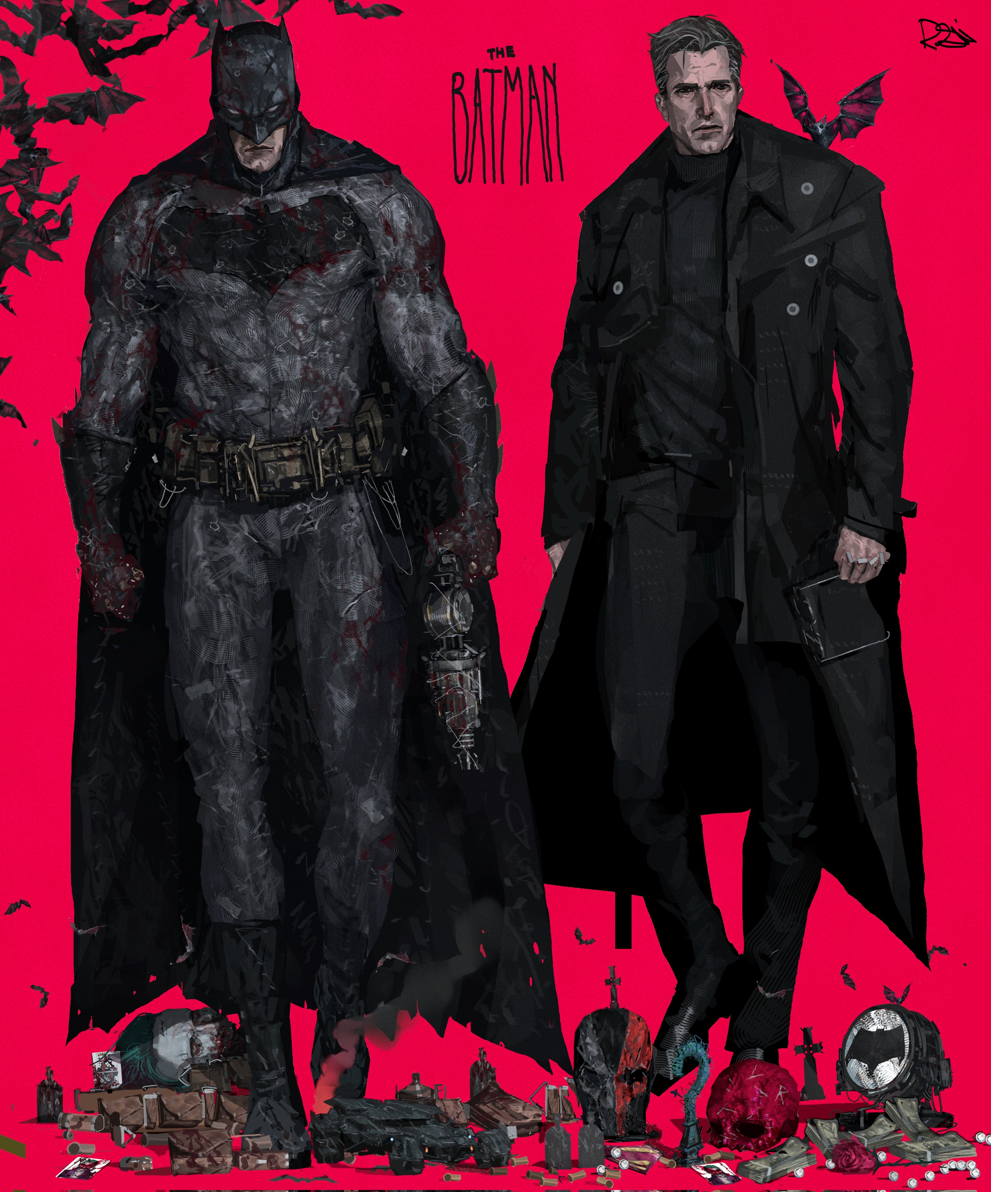 ben affleck, rxzarx, batman, bruce wayne, batman (series), dc comics, dc extended universe, absurdres, highres, 1boy, animal, animal on shoulder, bat (animal), bat signal, batman symbol, belt, black boots, black coat, black gloves, black hair, black mask, black pants, black shirt, bodysuit, boots, character name, coat, cowl, full body, gloves, grappling gun, grey bodysuit, holding, holding removed eyewear, long coat, male focus, open clothes, open coat, pants, red background, shirt, simple background, spread wings, standing, superhero costume, unworn eyewear, utility belt